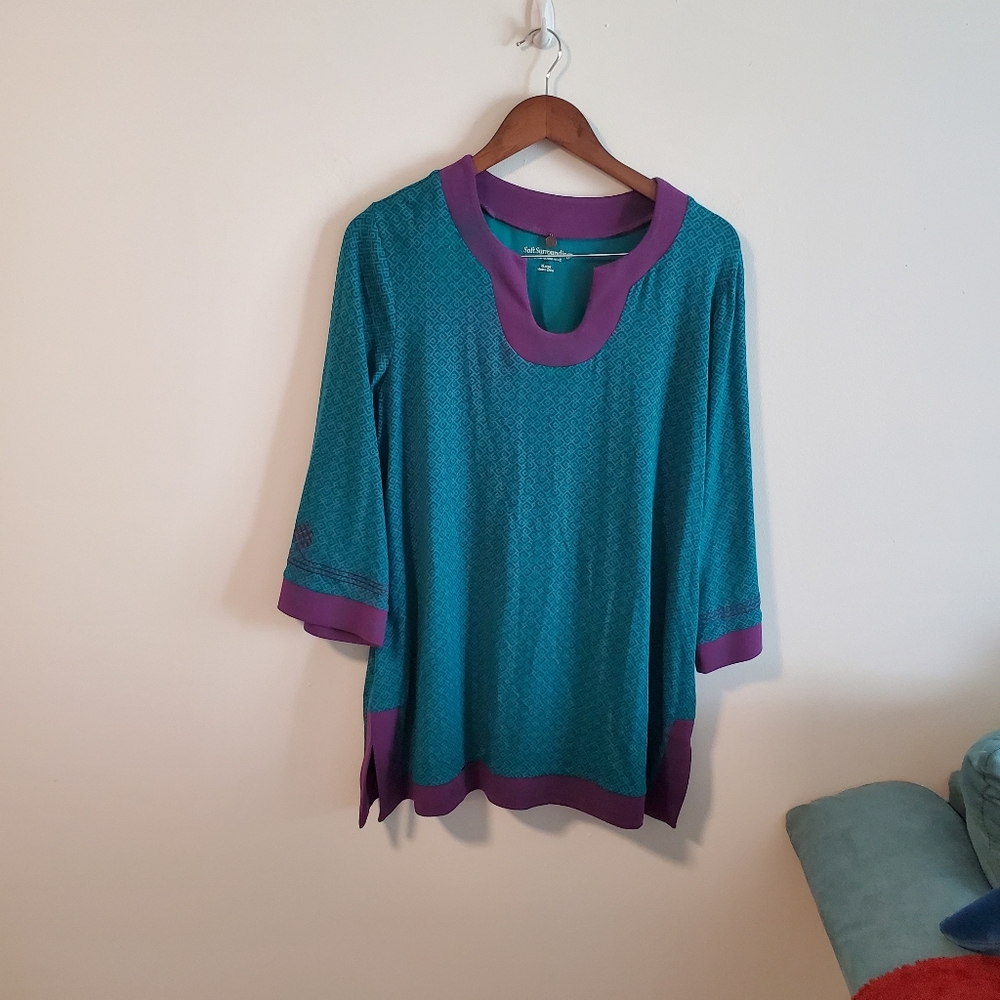 Soft Surroundings tunic top teal purple size XL embroidered geometric pattern